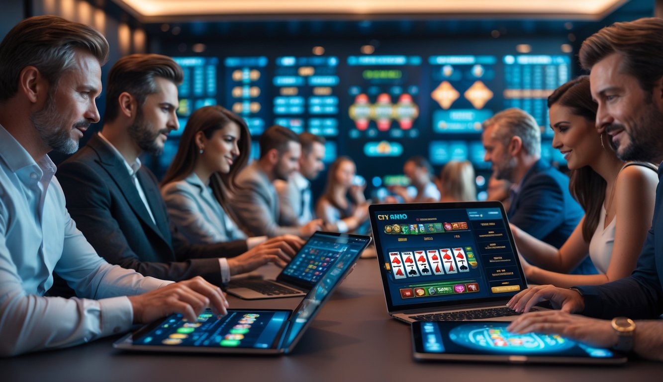 Orang-orang menggunakan perangkat digital untuk bermain permainan judi online terbaru di ruangan modern.