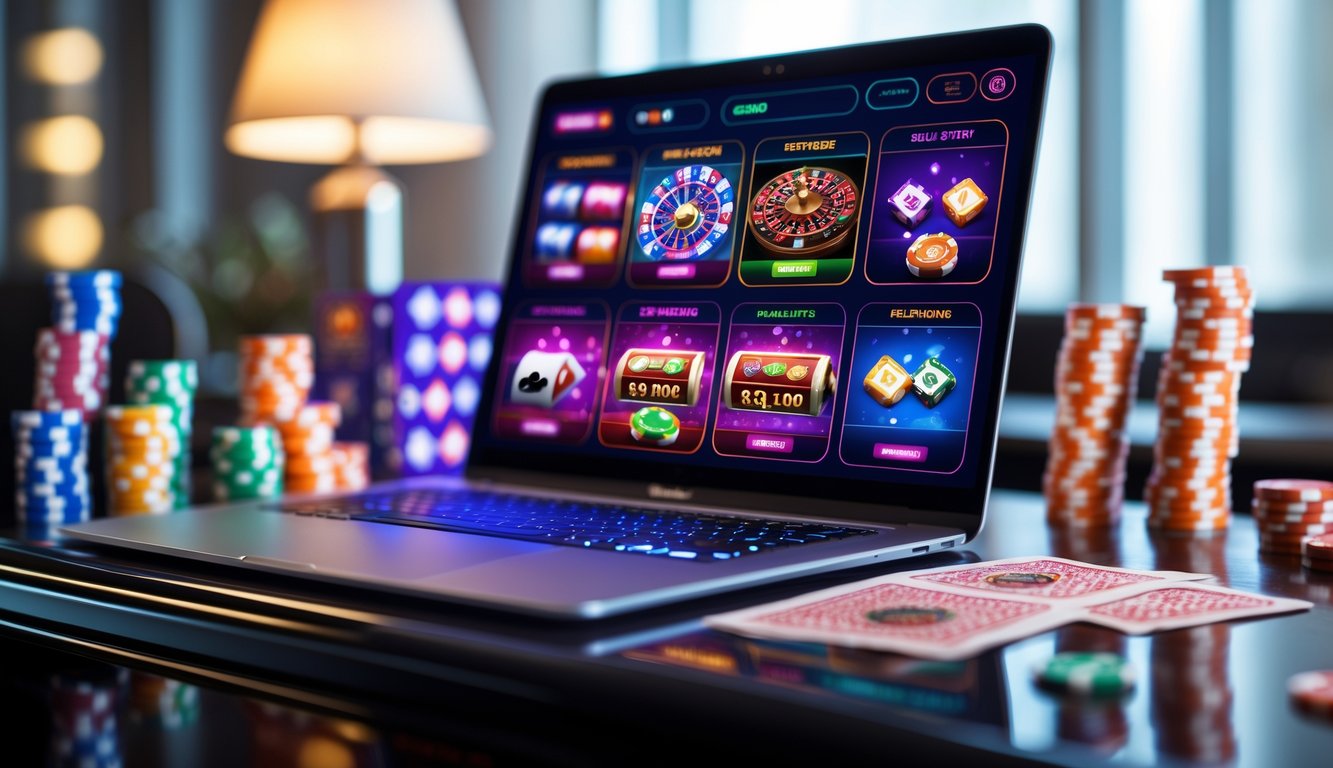 Seorang pengguna sedang bermain berbagai permainan kasino populer di komputer dengan suasana yang modern dan profesional.
