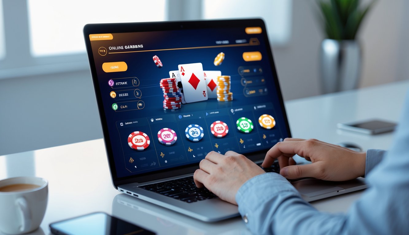 Antarmuka platform judi online interaktif yang ringan ditampilkan di layar laptop di sebuah ruang kerja modern.