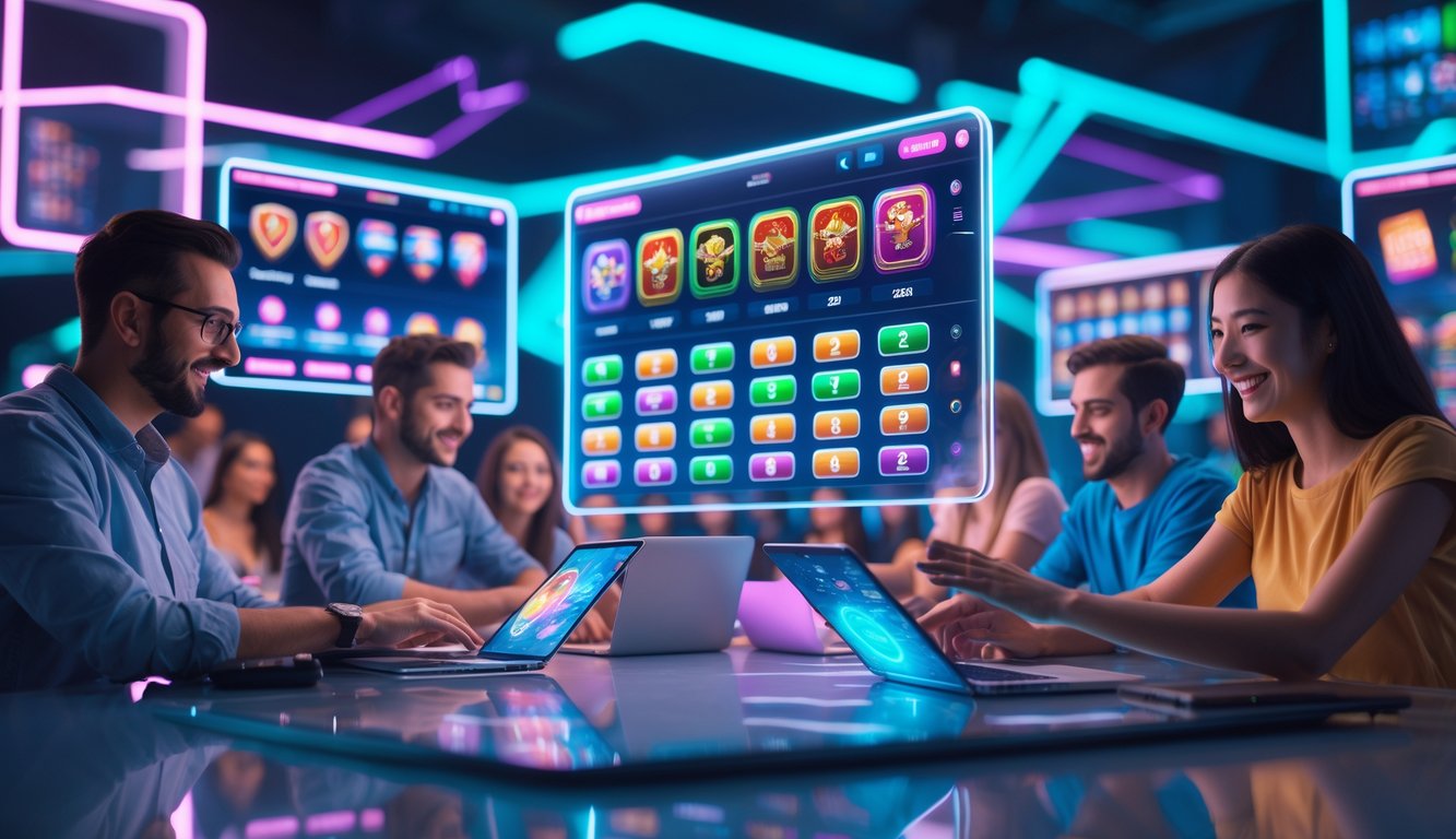 Orang-orang menggunakan perangkat digital dengan latar belakang layar permainan online yang berwarna-warni dan modern.