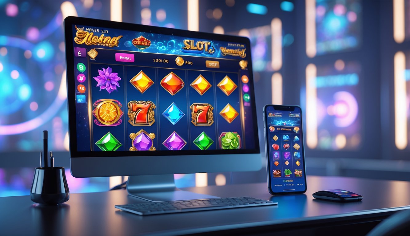 Layar komputer dan ponsel menampilkan berbagai ikon permainan slot online yang berwarna-warni dan kreatif di atas meja yang rapi.