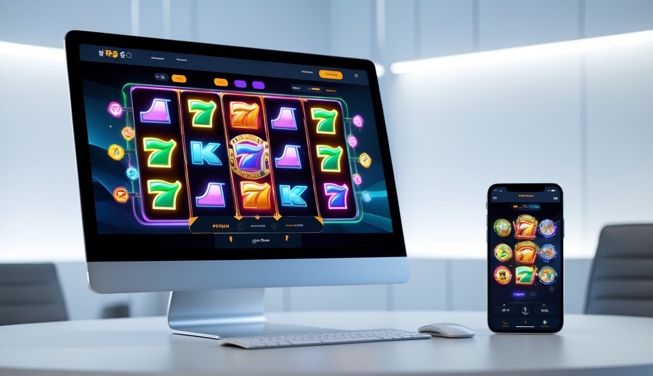 Antarmuka permainan slot online modern ditampilkan di komputer dan ponsel dengan simbol warna-warni yang sedang berputar.