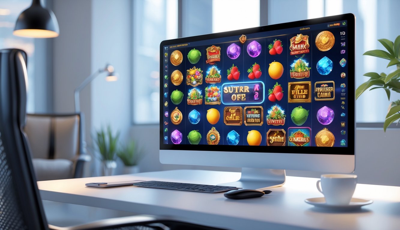 Antarmuka permainan slot online dengan berbagai tema unik ditampilkan di layar komputer di ruang kerja yang rapi.