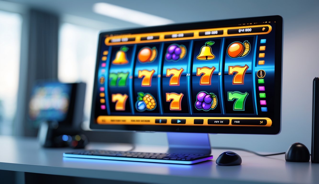 Layar komputer menampilkan mesin slot online dengan grafis warna-warni yang sangat jelas di sebuah meja kerja modern.