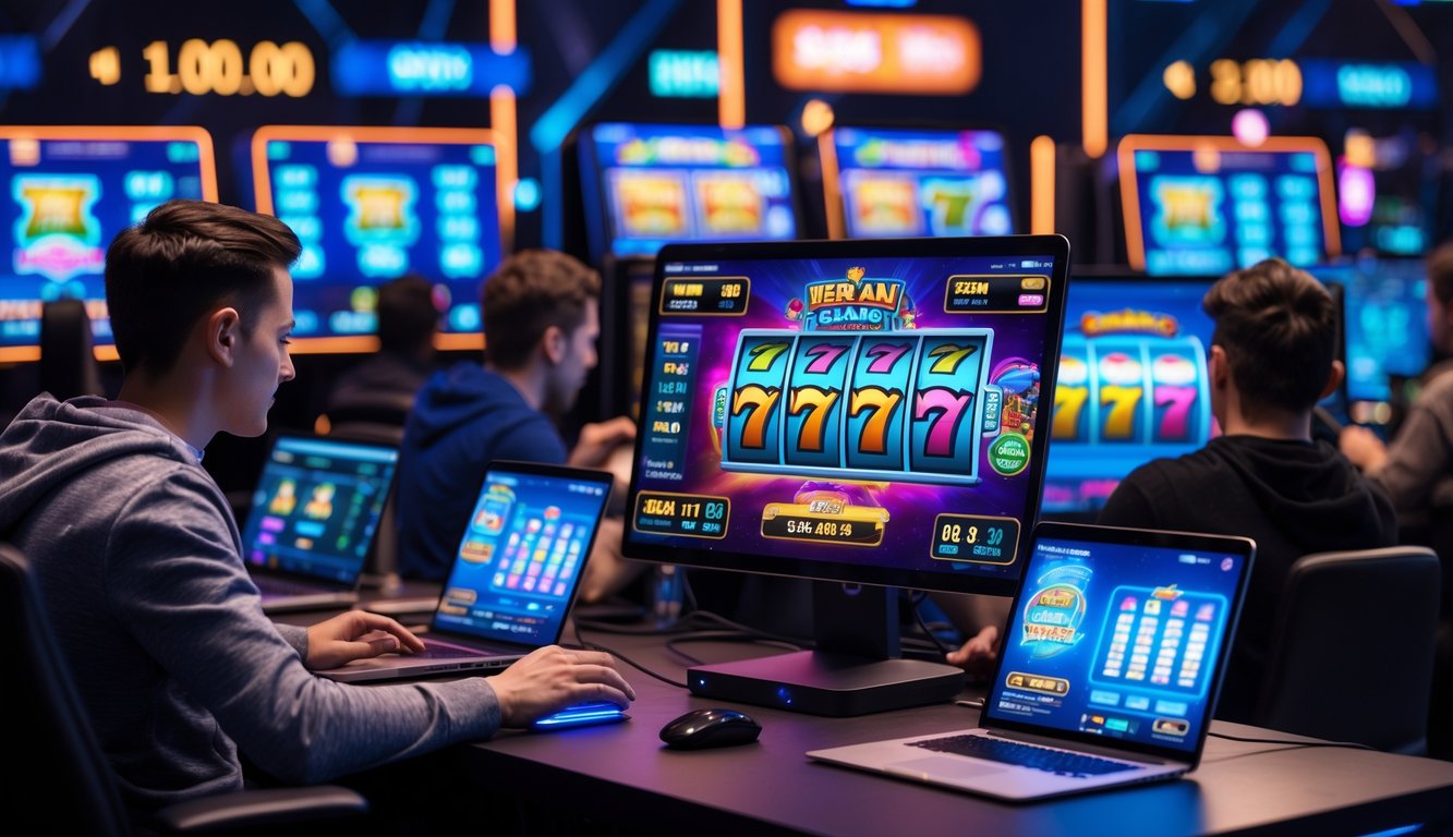 Beberapa orang sedang bermain permainan slot online secara real-time di sebuah arena permainan dengan layar komputer dan perangkat modern.