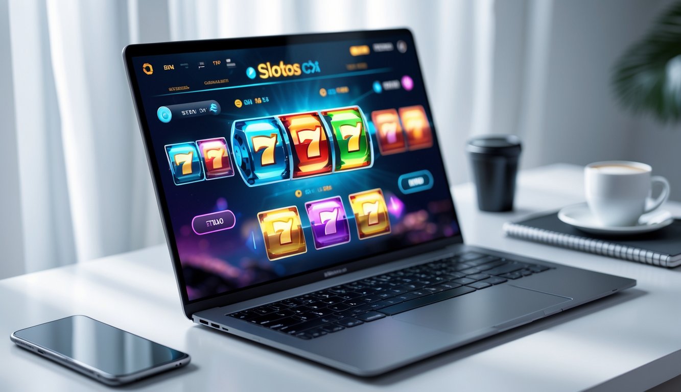 Seorang pengguna sedang melihat permainan slot online di layar laptop di atas meja kerja yang rapi.