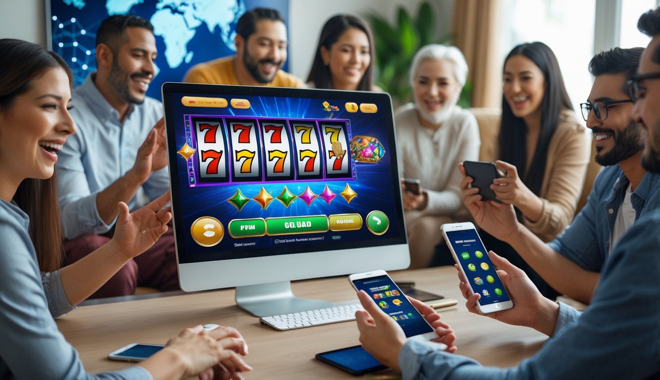 Orang-orang bermain permainan slot online di perangkat digital di ruang tamu yang modern.