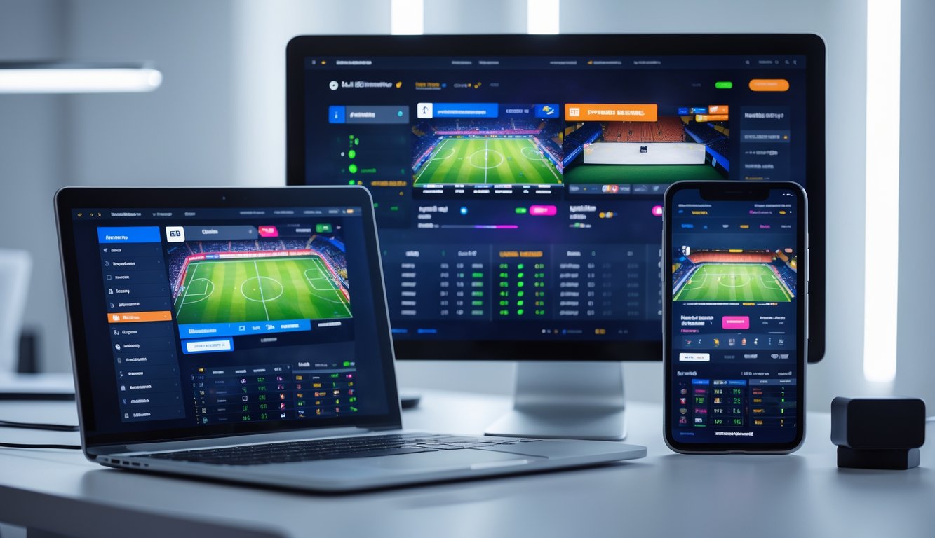 Beberapa perangkat digital menampilkan antarmuka taruhan olahraga online dengan berbagai pilihan pasar olahraga populer.