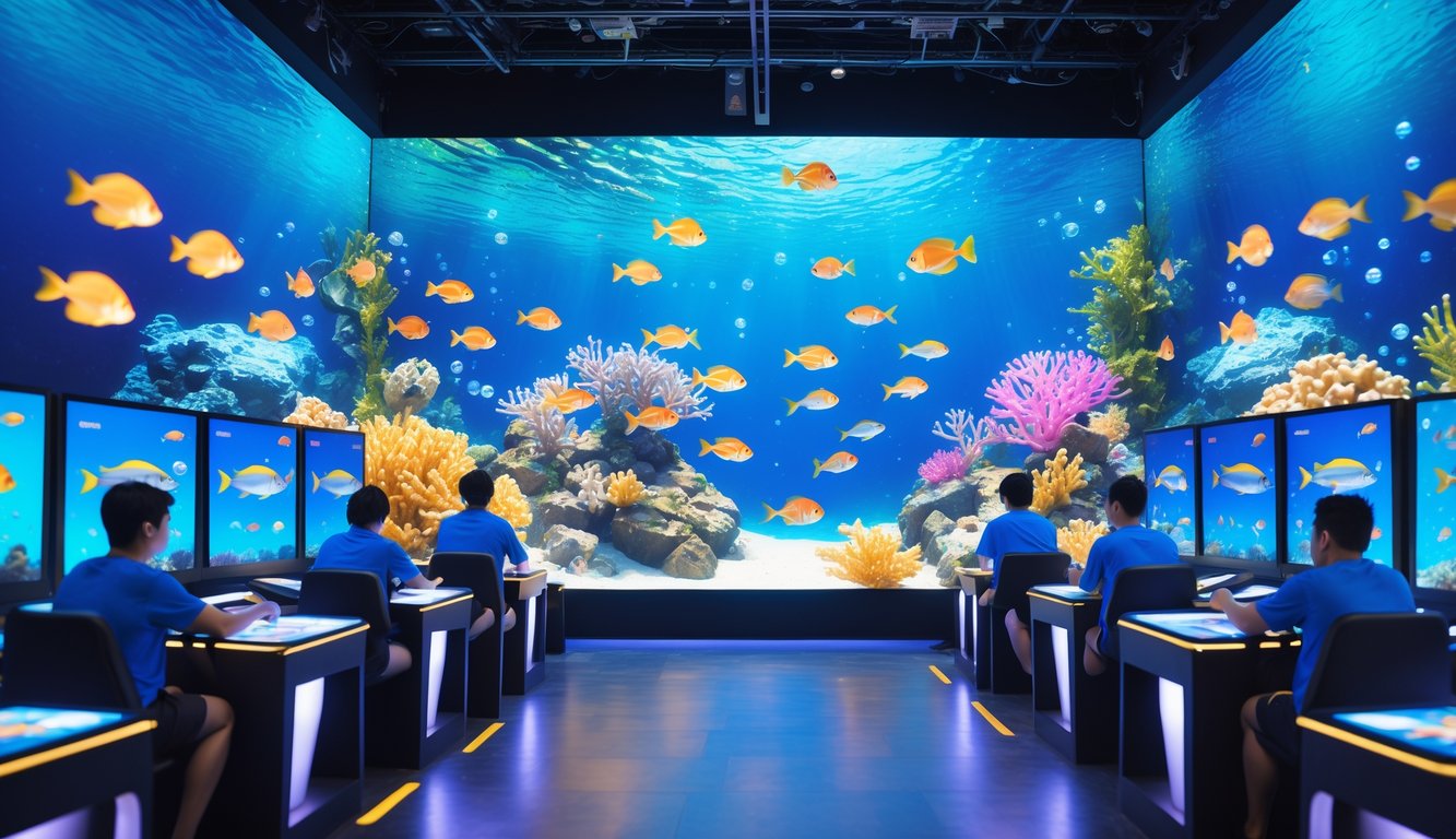 Arena permainan tembak ikan dengan layar besar menampilkan ikan berwarna-warni di latar laut yang cerah dan pemain yang fokus bermain.