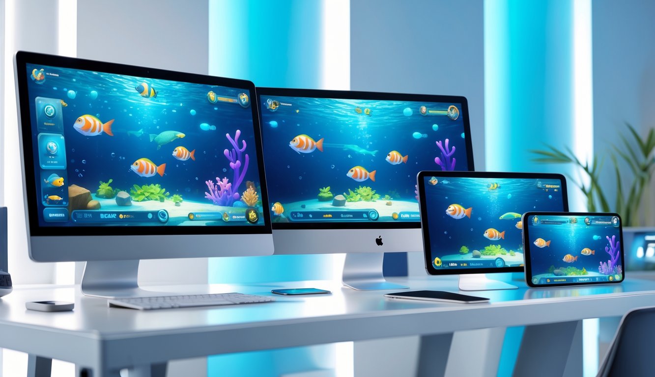 Beberapa perangkat digital menampilkan permainan tembak ikan dengan latar bawah laut yang cerah dan penuh warna.