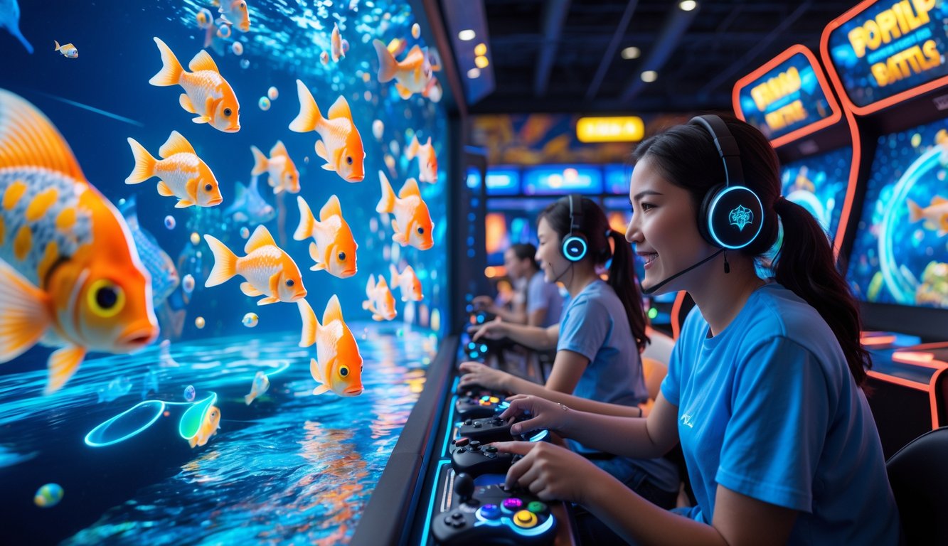 Orang-orang bermain permainan tembak ikan di arcade dengan layar besar dan suasana penuh warna.