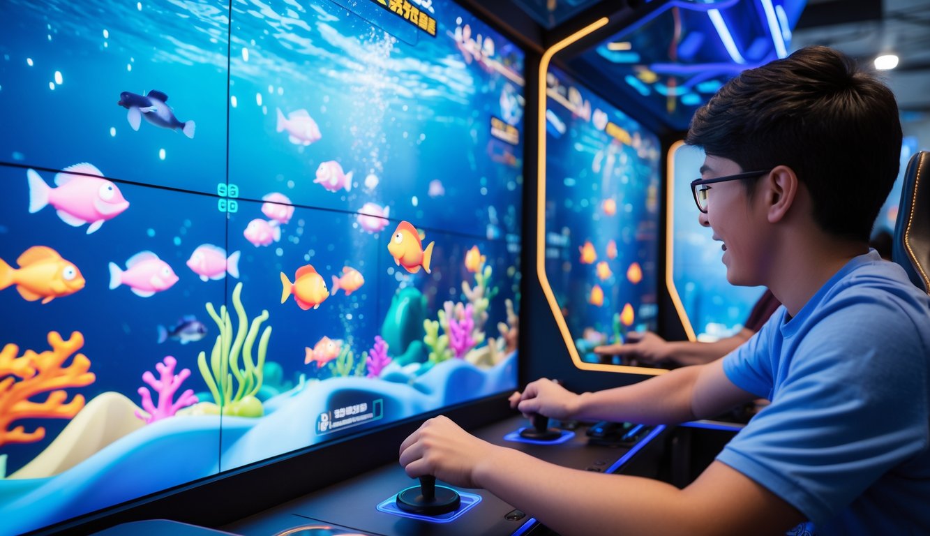 Seorang pemain yang fokus sedang bermain permainan tembak ikan dengan layar penuh warna dan berbagai ikan animasi di latar belakang.