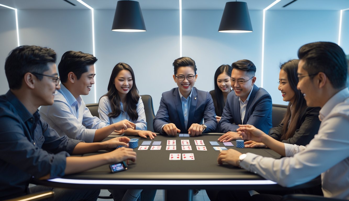 Meja permainan Capsa dengan pemain yang sedang asyik bermain kartu dalam suasana yang nyaman dan profesional.