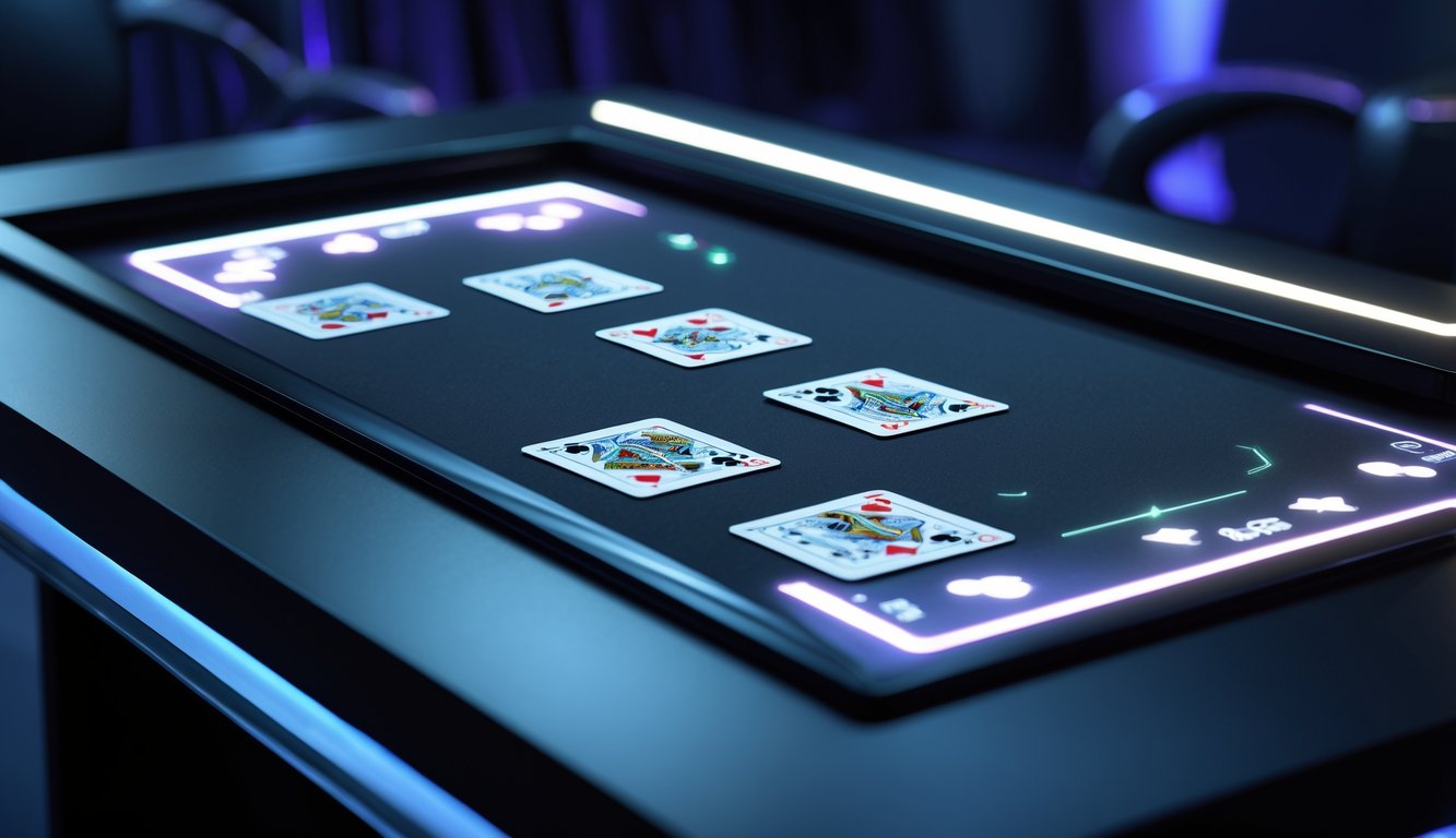 Meja permainan kartu interaktif online yang elegan dengan tampilan modern dan kartu digital di atasnya.