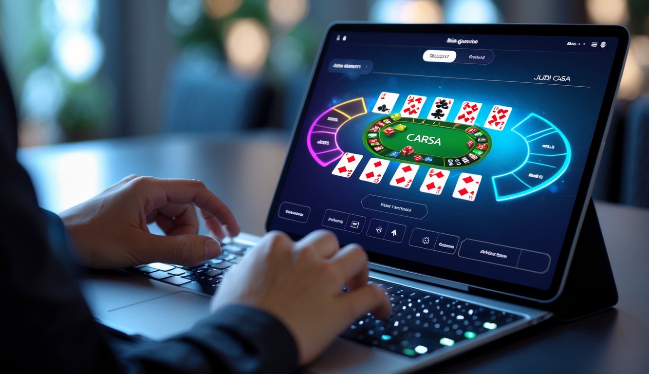 Seorang pemain menggunakan laptop dengan tampilan permainan kartu virtual yang cerah dan responsif.