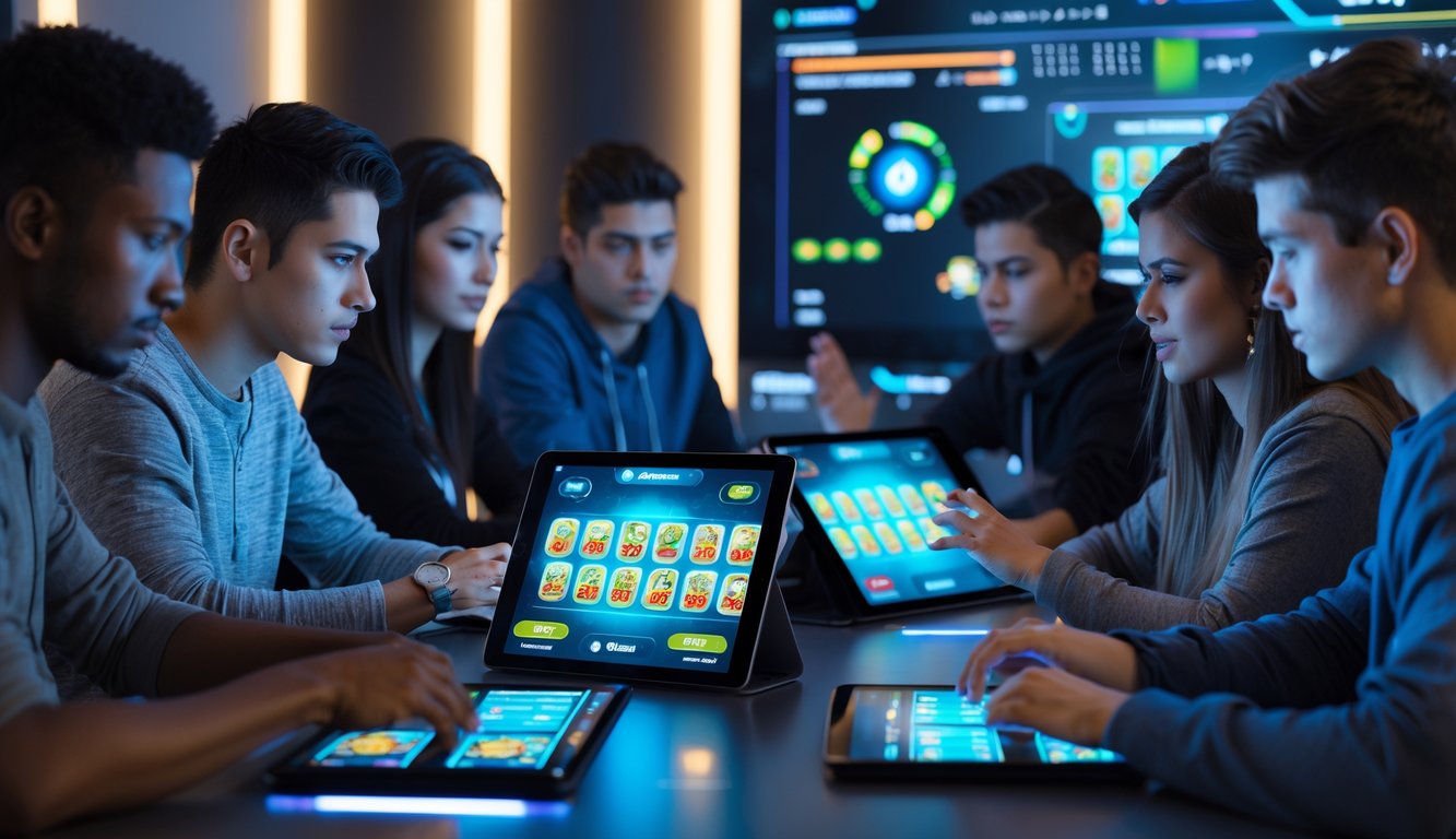 Sekelompok orang muda bermain permainan kartu Capsa secara online di meja digital dengan perangkat elektronik di ruangan modern.