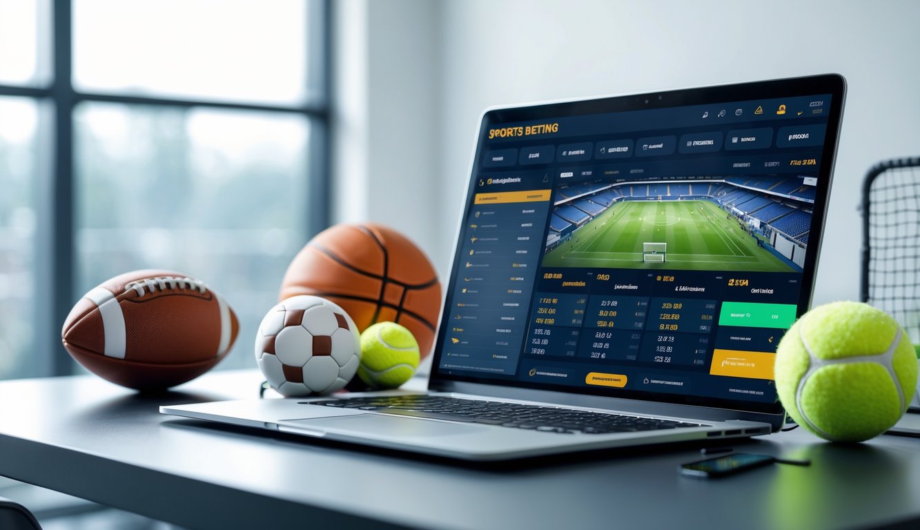 Seorang pria menggunakan laptop di meja kerja dengan layar menampilkan antarmuka taruhan olahraga, dikelilingi bola sepak, bola basket, dan bola tenis.