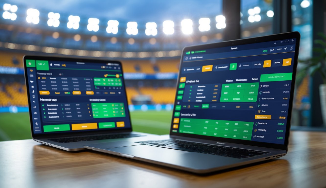 Seorang pria menggunakan laptop dan ponsel di meja dengan latar belakang stadion olahraga yang ramai.