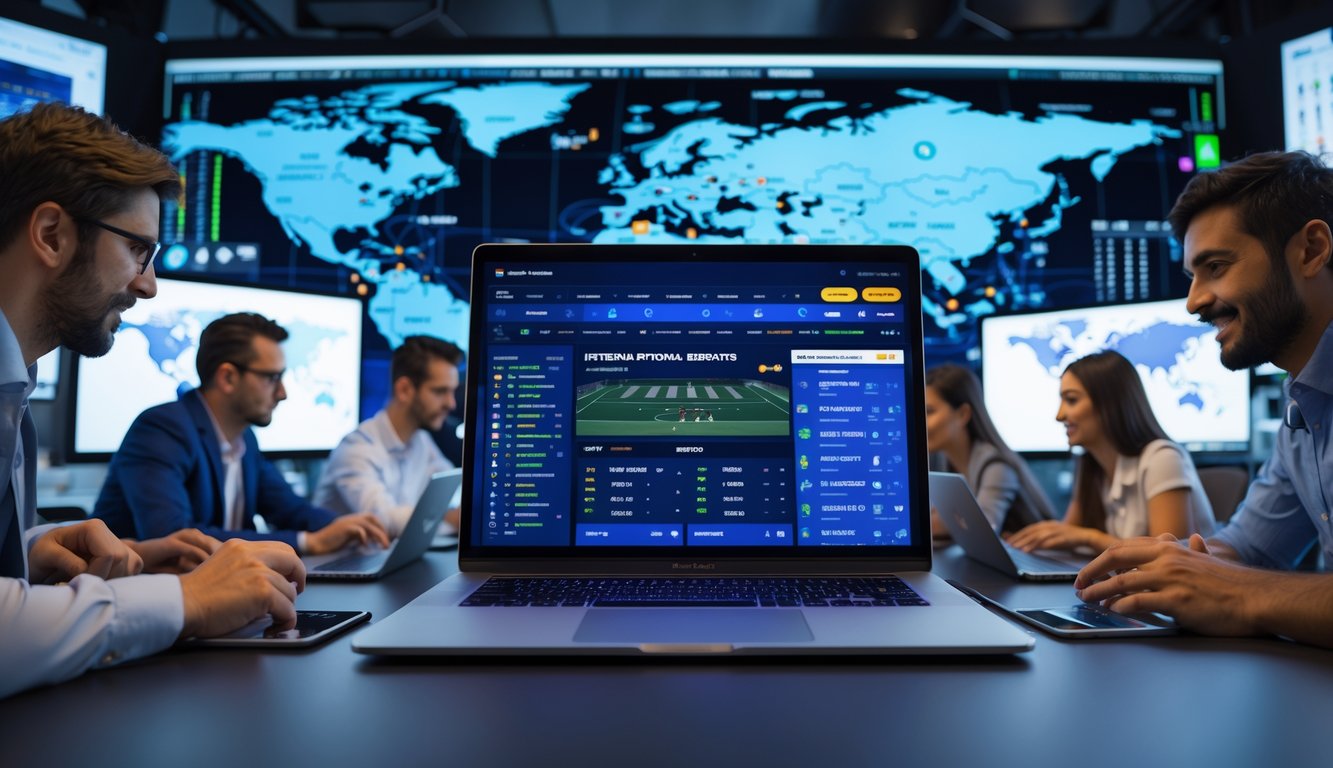 Orang-orang yang sedang menggunakan laptop dan perangkat lain untuk mengikuti dan bertaruh pada berbagai pertandingan olahraga internasional.