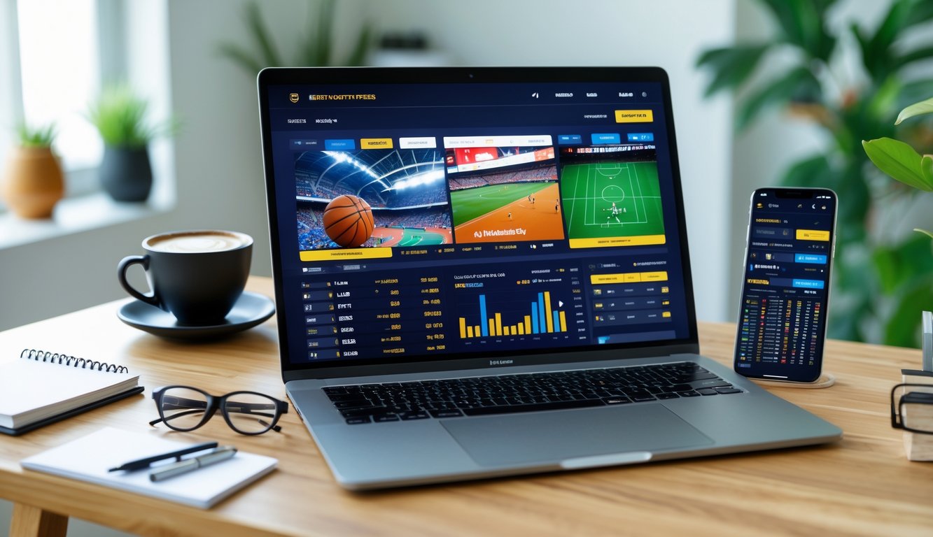 Seseorang menggunakan laptop dan ponsel untuk melihat berbagai pertandingan olahraga di meja kerja.