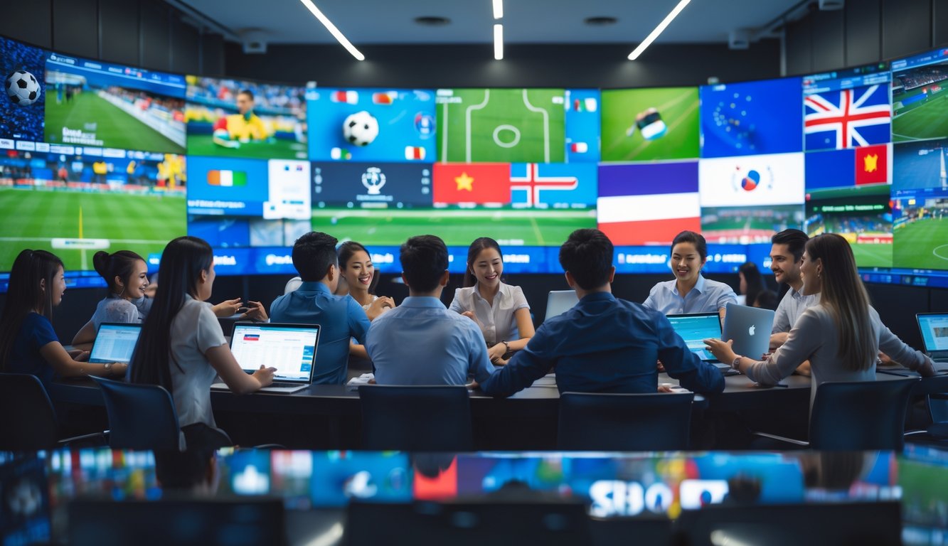 Sekelompok orang dari berbagai negara menonton pertandingan olahraga secara online di layar besar dengan perangkat digital di ruangan modern.