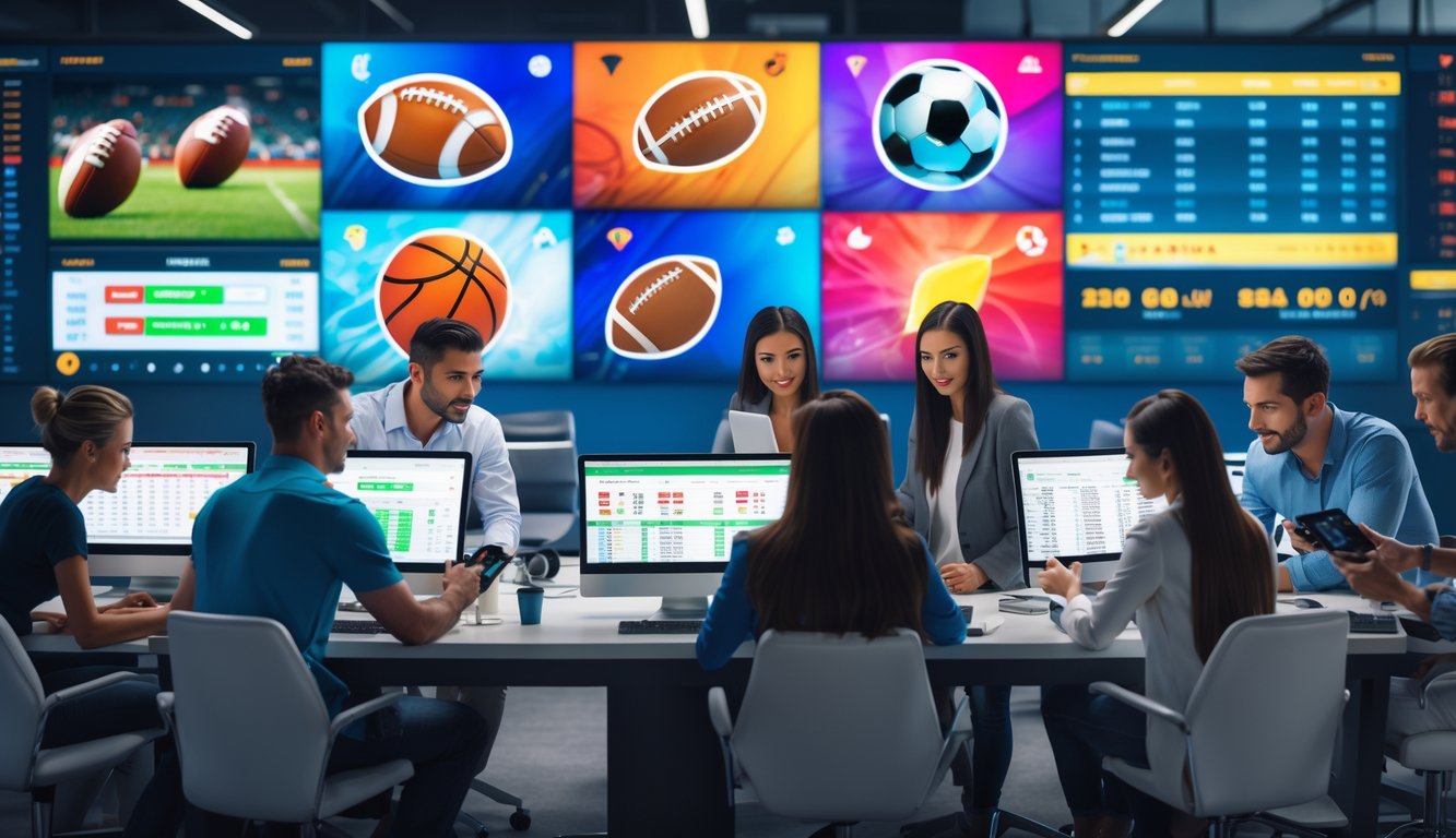 Orang-orang menggunakan komputer dan ponsel dengan layar yang menampilkan berbagai olahraga populer dalam suasana kerja modern.