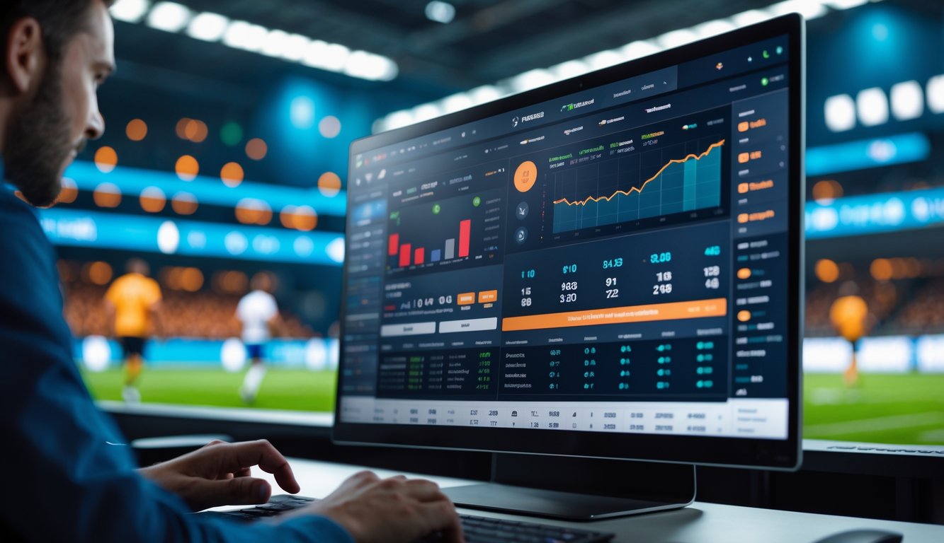 Layar komputer menampilkan platform taruhan olahraga online dengan statistik pertandingan mendalam di lingkungan kantor modern.