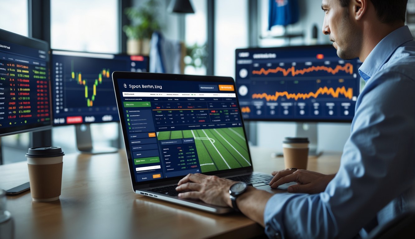 Seseorang menggunakan laptop di ruang modern dengan beberapa layar menampilkan skor olahraga langsung yang diperbarui setiap saat.