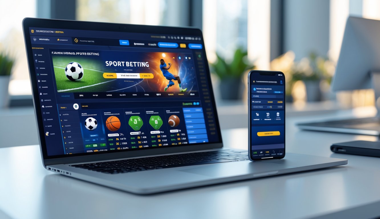 Seorang pria menggunakan laptop dan smartphone untuk memasang taruhan olahraga online di meja kerja yang rapi.