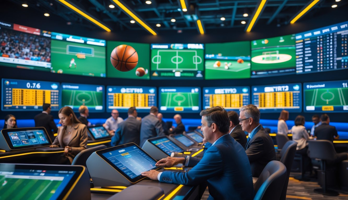Orang-orang menggunakan terminal taruhan olahraga digital di arena modern dengan layar besar menampilkan berbagai pertandingan populer.