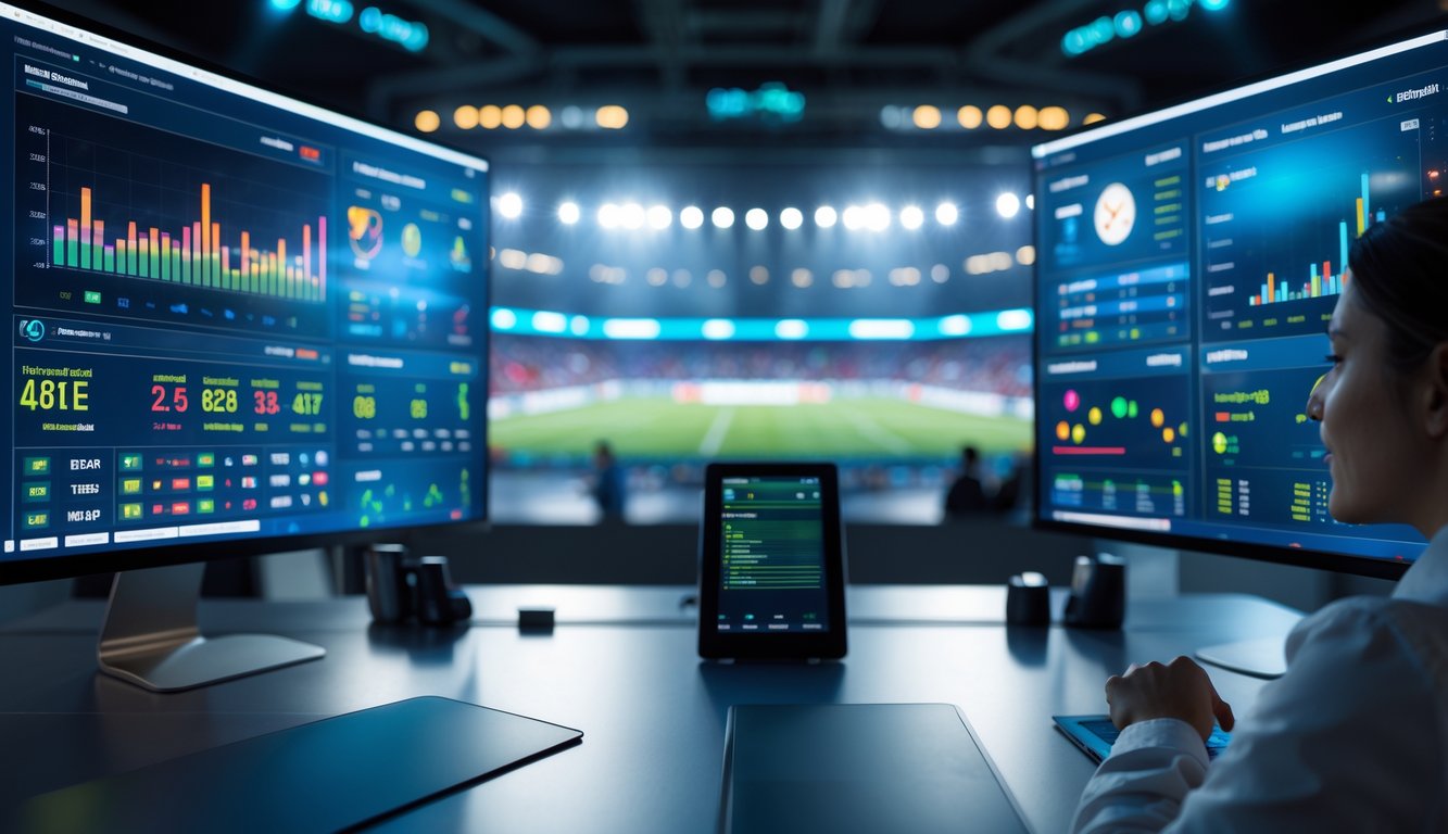 Seorang pria di depan layar komputer dengan statistik pertandingan olahraga yang akurat dan terbaru, latar belakang stadion olahraga yang terang.