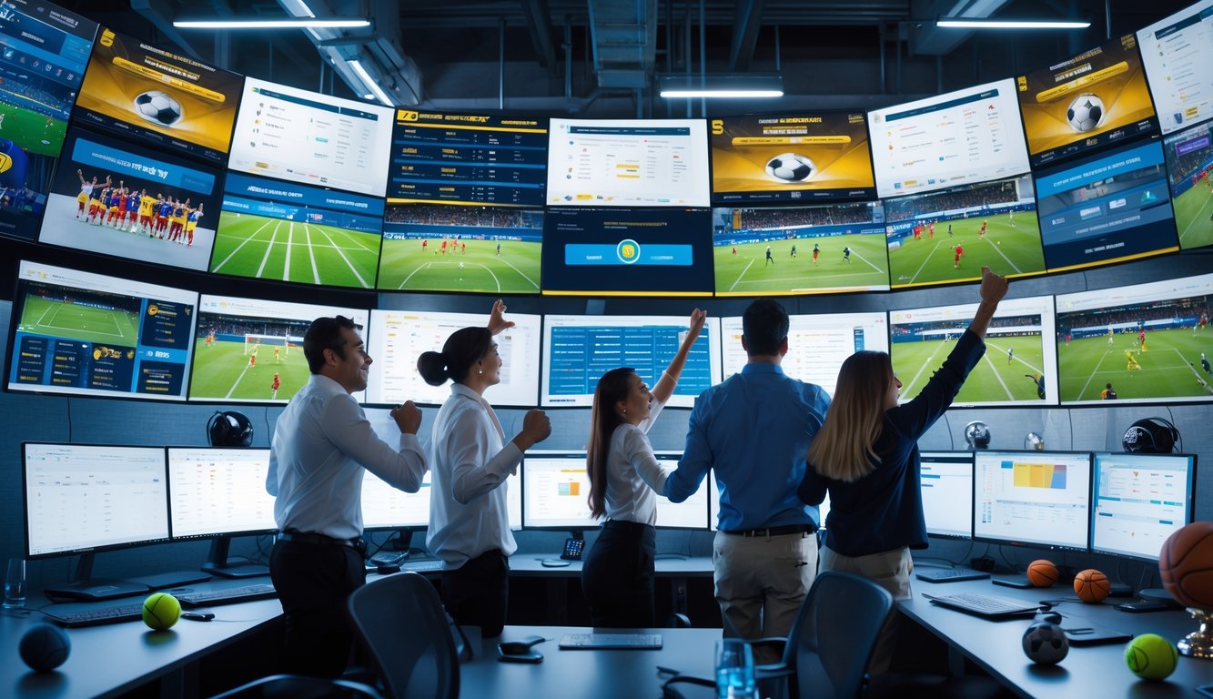 Orang-orang di ruang kerja modern menonton dan berdiskusi tentang berbagai pertandingan olahraga dunia yang sedang berlangsung di beberapa layar komputer.