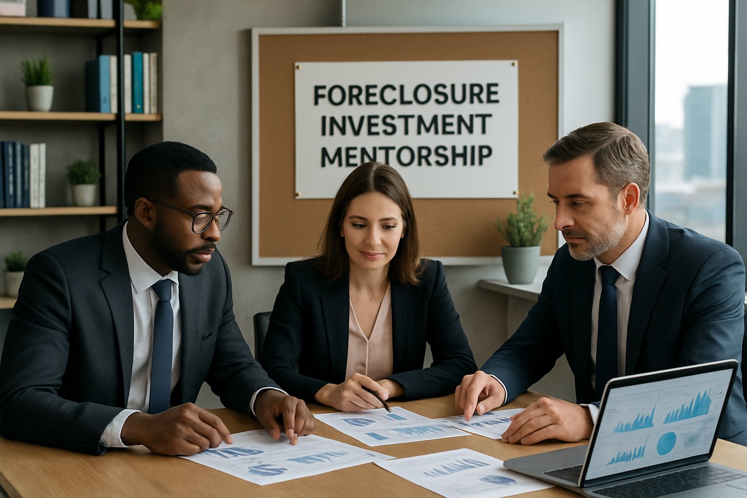 Three business professionals discussing financial documents around a conference table in a modern office with a city view.