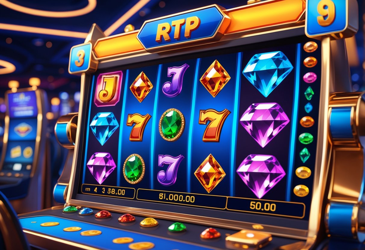 Ilustrasi mesin slot bertema permata dan joker di kasino dengan grafik dan simbol yang menggambarkan konsep RTP dan volatilitas.