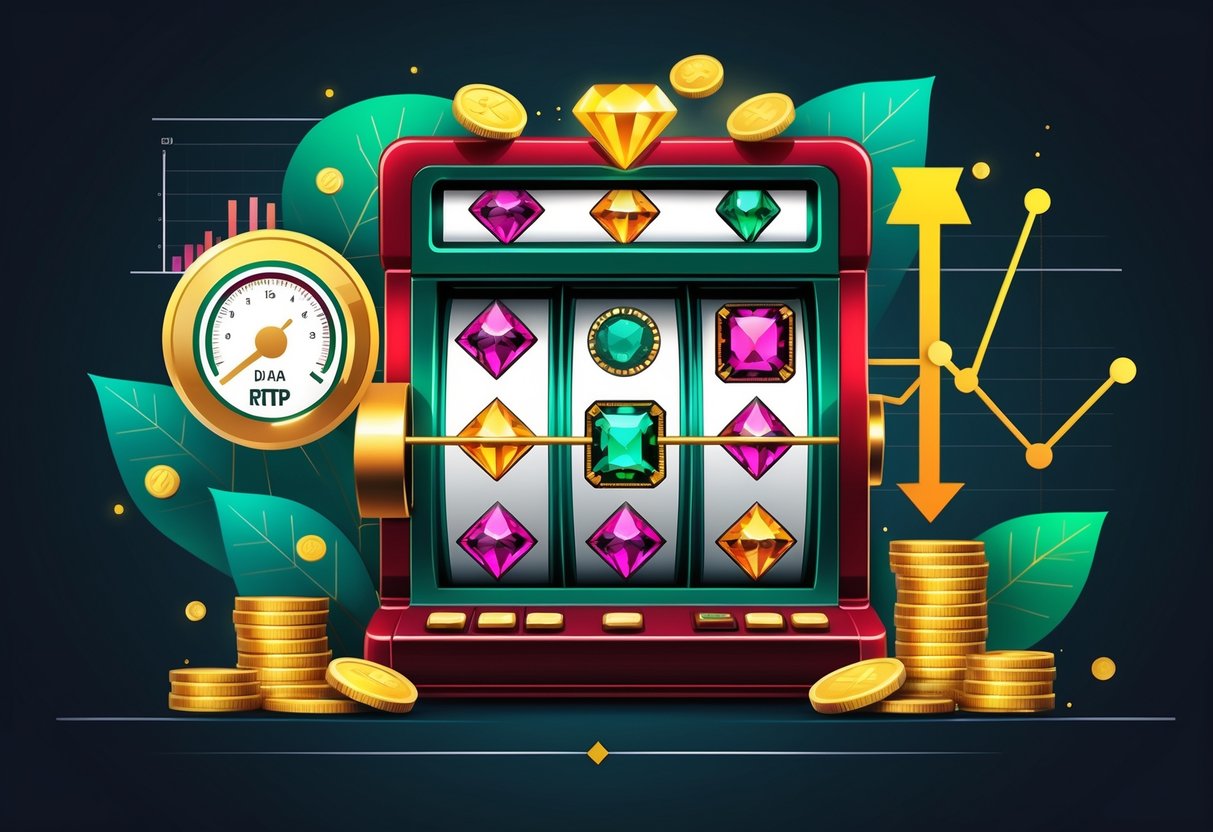 Ilustrasi mesin slot dengan simbol permata berwarna-warni, meter RTP, dan grafik volatilitas di latar belakang.