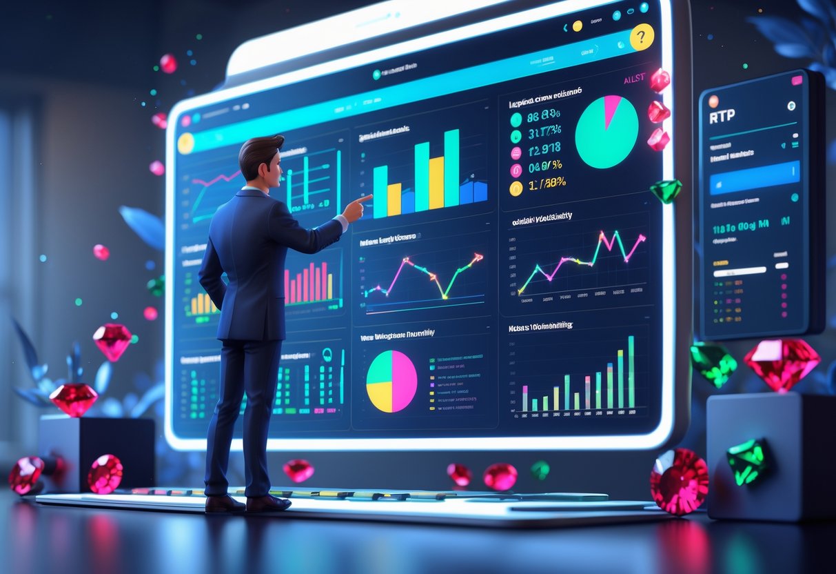 Seorang analis sedang memeriksa grafik dan data di layar digital yang menampilkan statistik RTP dan volatilitas permainan Joker’s Jewels Cash dengan latar belakang perhiasan berkilau.