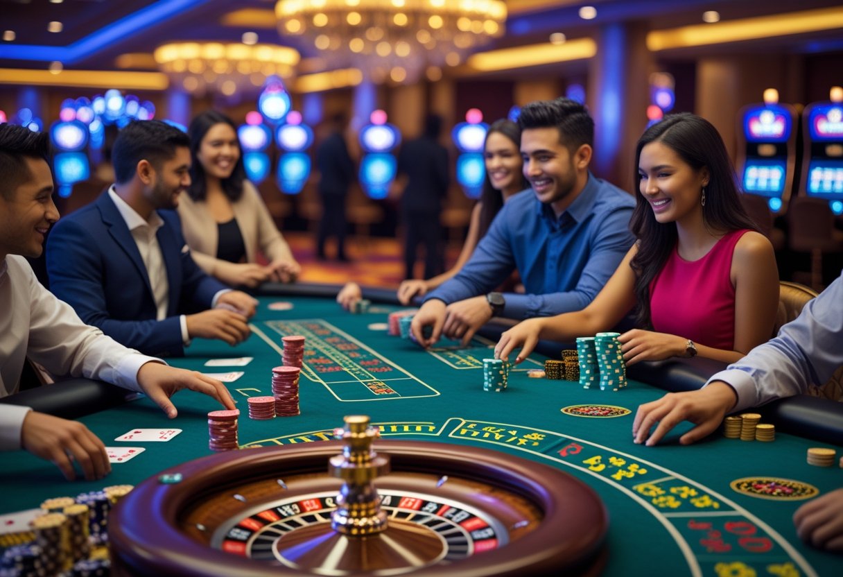 A casino floor showing several tables with people playing blackjack, poker, and roulette, surrounded by casino decor and lighting.
