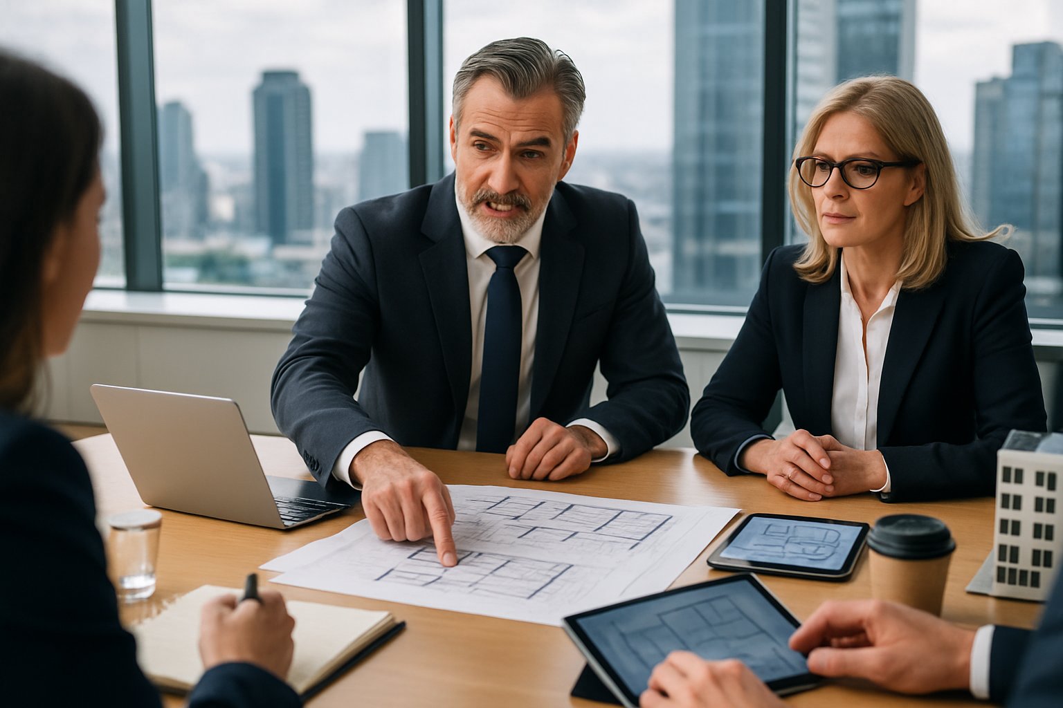 A managing partner in real estate leading a business meeting with colleagues around a conference table in a modern office with city views.