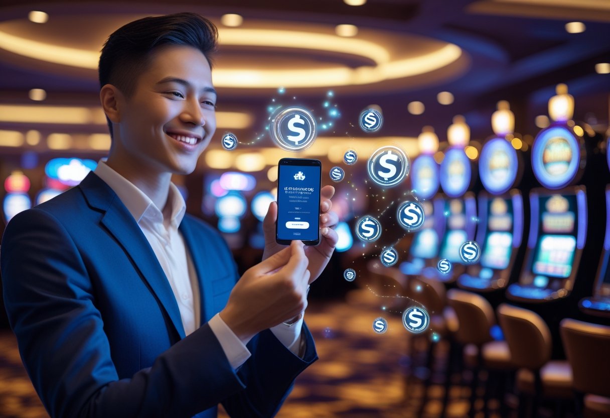 A person smiling in a casino holding a loyalty card with slot machines and gaming tables in the background.