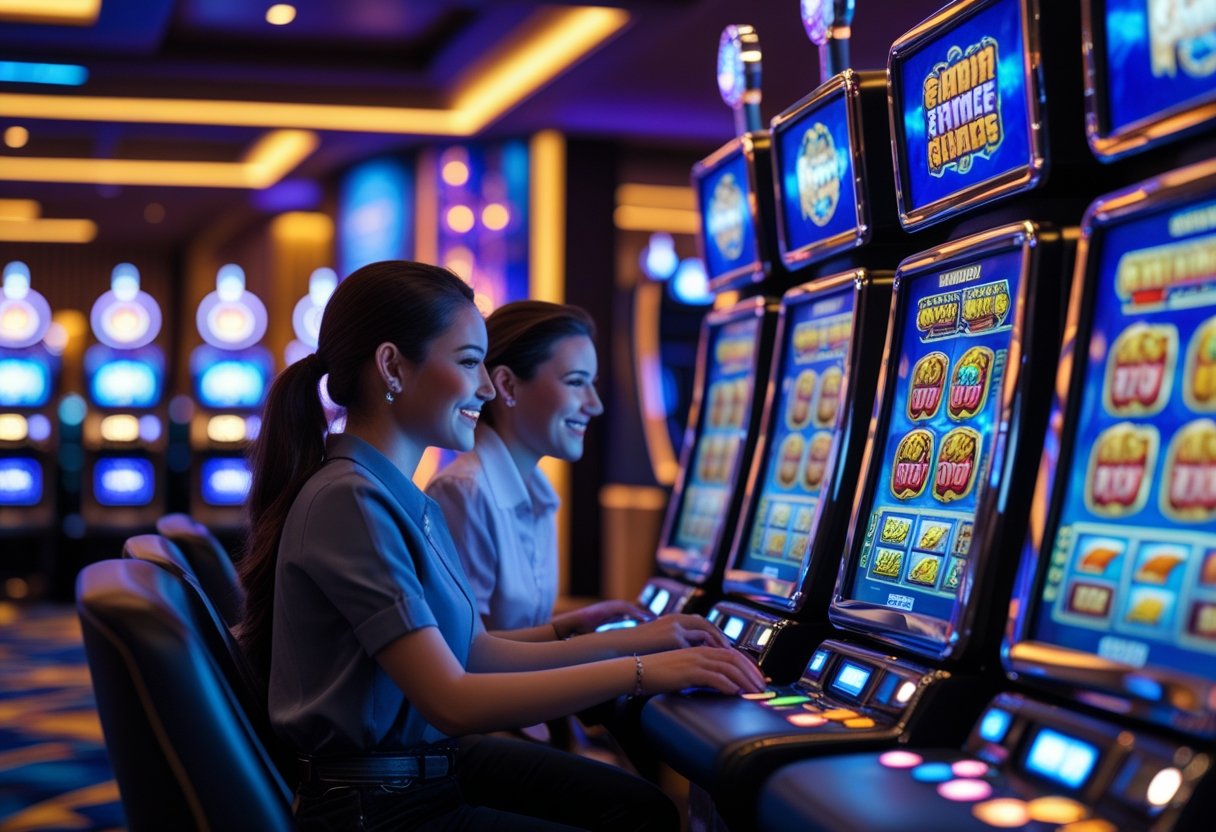 People playing colorful slot machines in a modern casino with futuristic design elements.