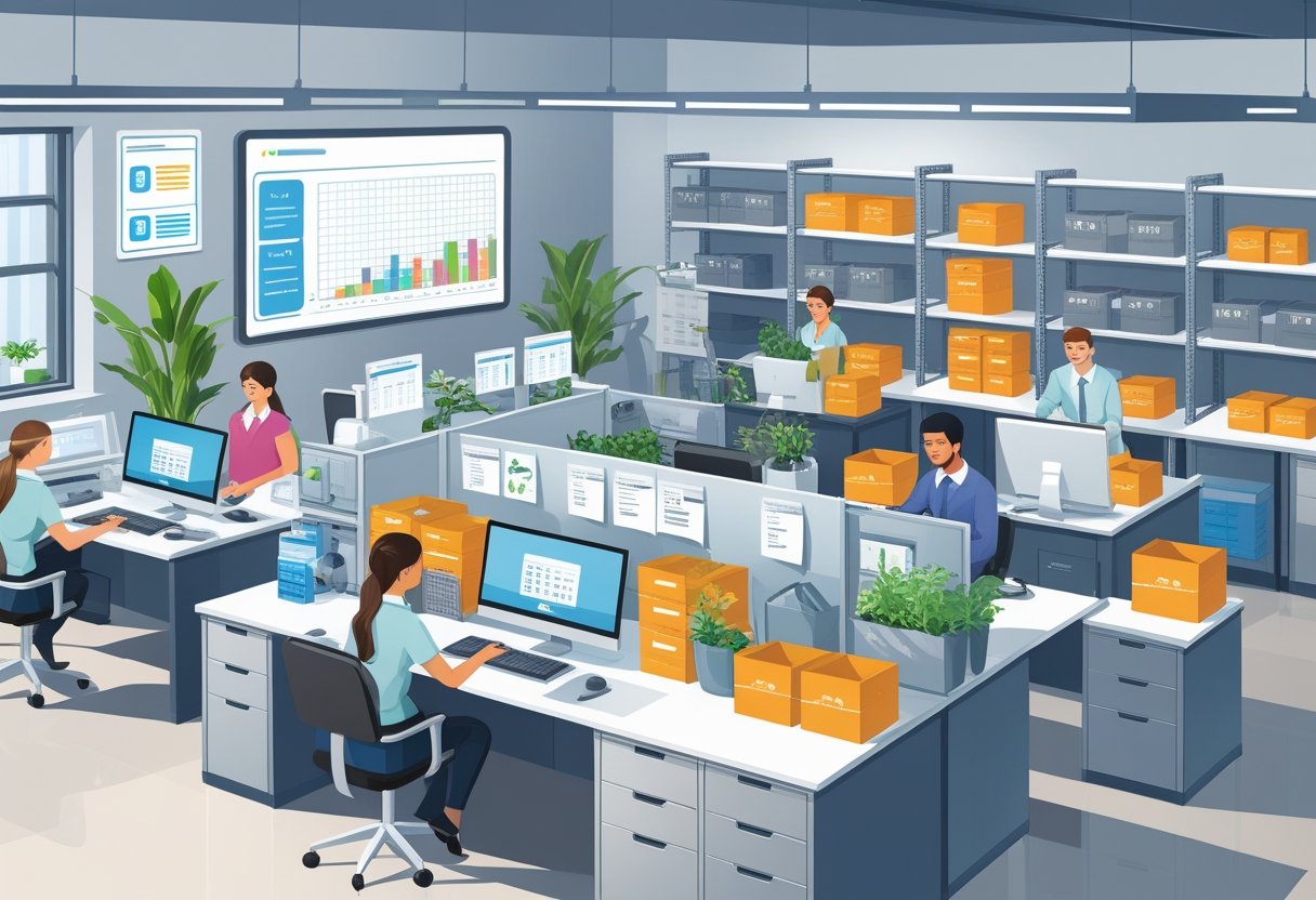 Ambiente de escritório de backoffice varejista com pessoas trabalhando em computadores, organizando estoque e realizando tarefas administrativas.