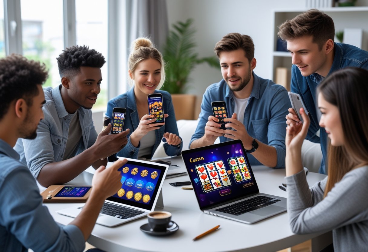 A group people sitting around a table, each holding smartphones displaying casino app screens