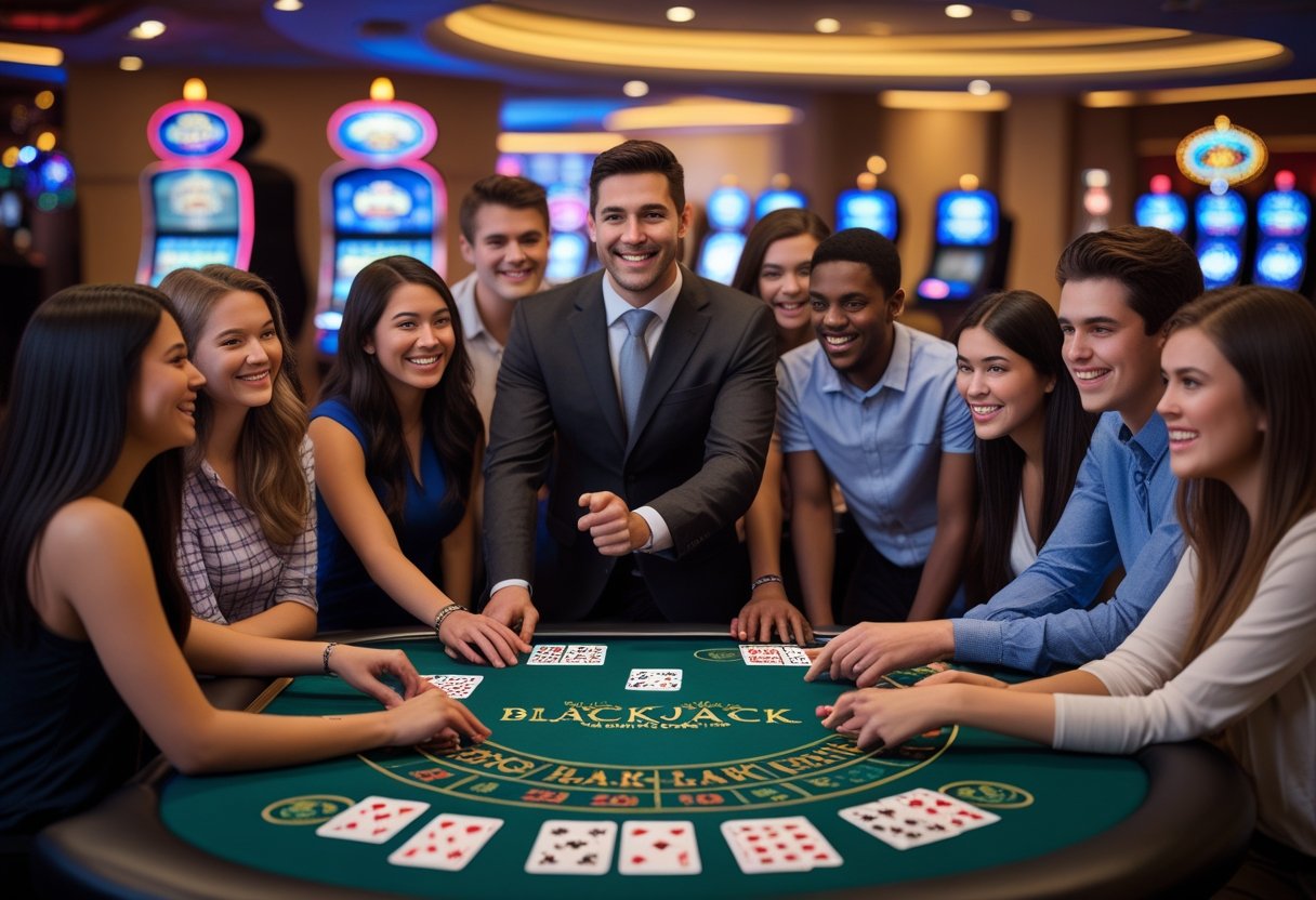 A group of people learning to play blackjack with a friendly dealer at a casino table.