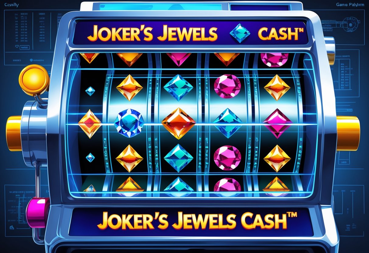 Ilustrasi mesin slot transparan yang menunjukkan mekanisme internal dengan gulungan permata berwarna-warni dan diagram pola permainan di latar belakang.