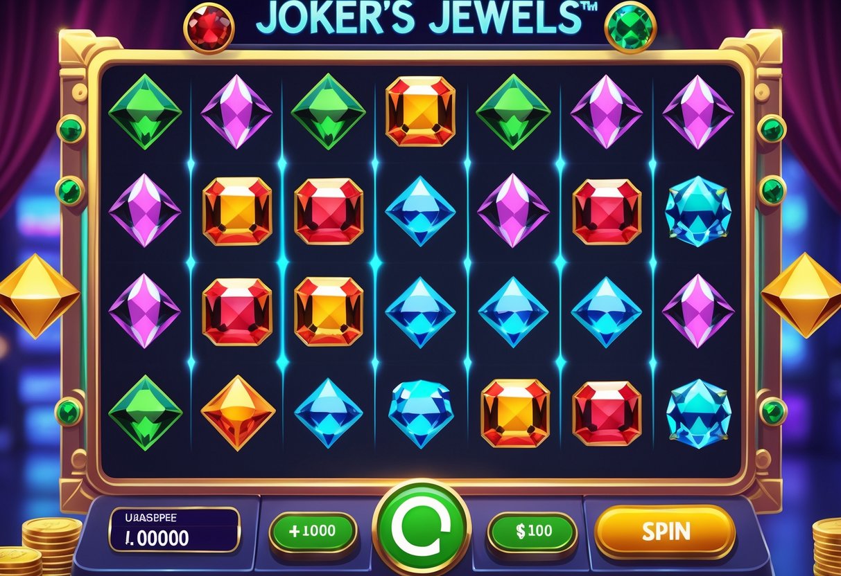 Ilustrasi antarmuka permainan dengan grid permata berwarna-warni yang terhubung oleh garis-garis untuk menunjukkan pola kemenangan dan elemen uang seperti tumpukan koin.