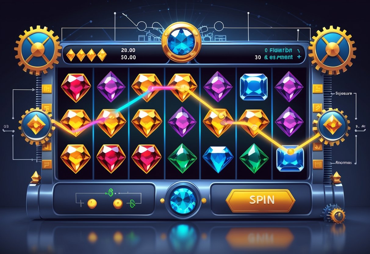 Ilustrasi mesin slot dengan simbol permata berwarna-warni yang menunjukkan pola kemenangan dan mekanisme permainan.