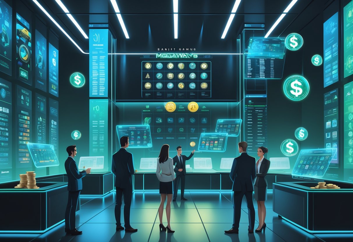 Sebuah pusat pengetahuan modern dengan orang-orang yang sedang menganalisis pola dan strategi permainan slot di layar digital besar.