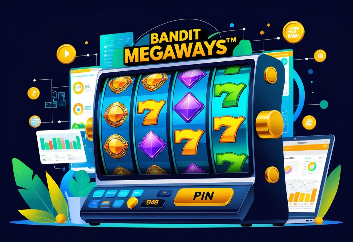 Ilustrasi mesin slot Bandit Megaways™ dengan elemen grafik seperti grafik dan kaca pembesar yang menunjukkan riset pola dan panduan bermain.