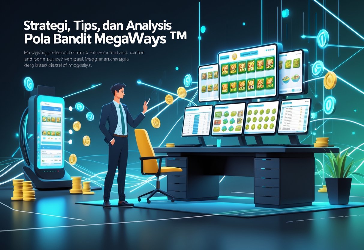 Seorang analis sedang mempelajari pola dan data mesin slot Megaways di sebuah ruang kerja modern dengan beberapa layar komputer.