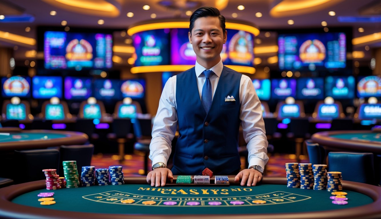 Seorang dealer profesional berdiri di belakang meja kasino dengan kartu dan chip, dikelilingi oleh layar yang menampilkan permainan kasino langsung.